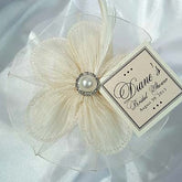 Dalmazio Design CRF Margherita Plisse Large Pearl + Rhinestone Accent with Organza Ruffle, Feather + Personalized Card